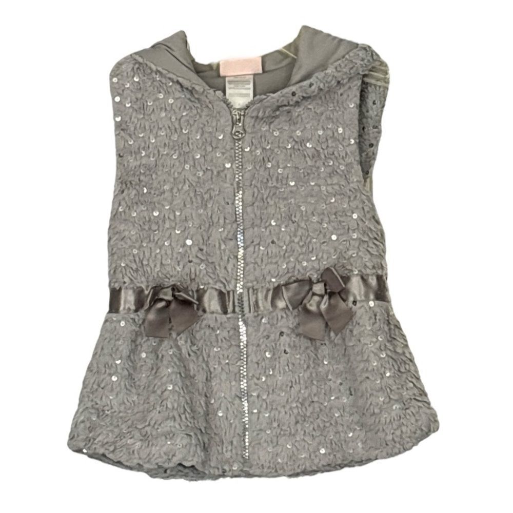 Little Lass | Grey Fleece Faux Fur Sequins Hooded Full Zip Vest Size 4 Gray